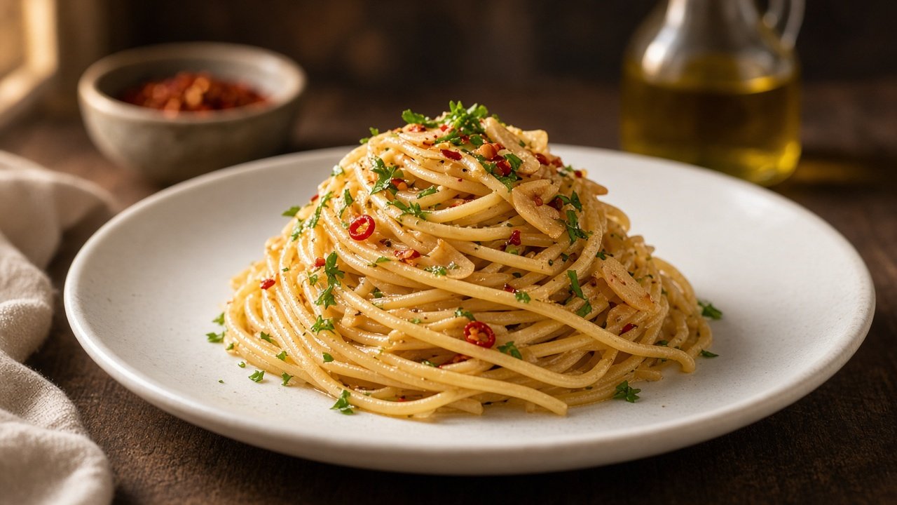 Spaghetti twirled into a tall nest on a wide shallow plate, with the shine of oil, pale garlic slices, red chilli flakes and green parsley.