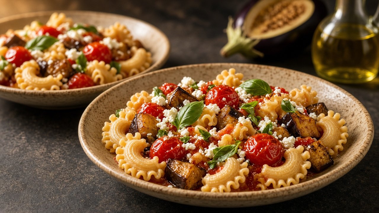 Ridged crests in a shallow terracotta plate, with browned cubes of eggplant, burst cherry tomatoes, white cheese crumbs and basil.