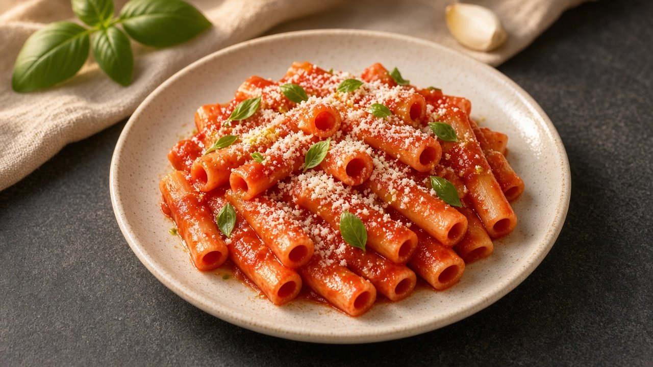 Smooth tubes in a low mound on a white plate, covered with a bright red tomato sauce, torn basil and a thread of olive oil.