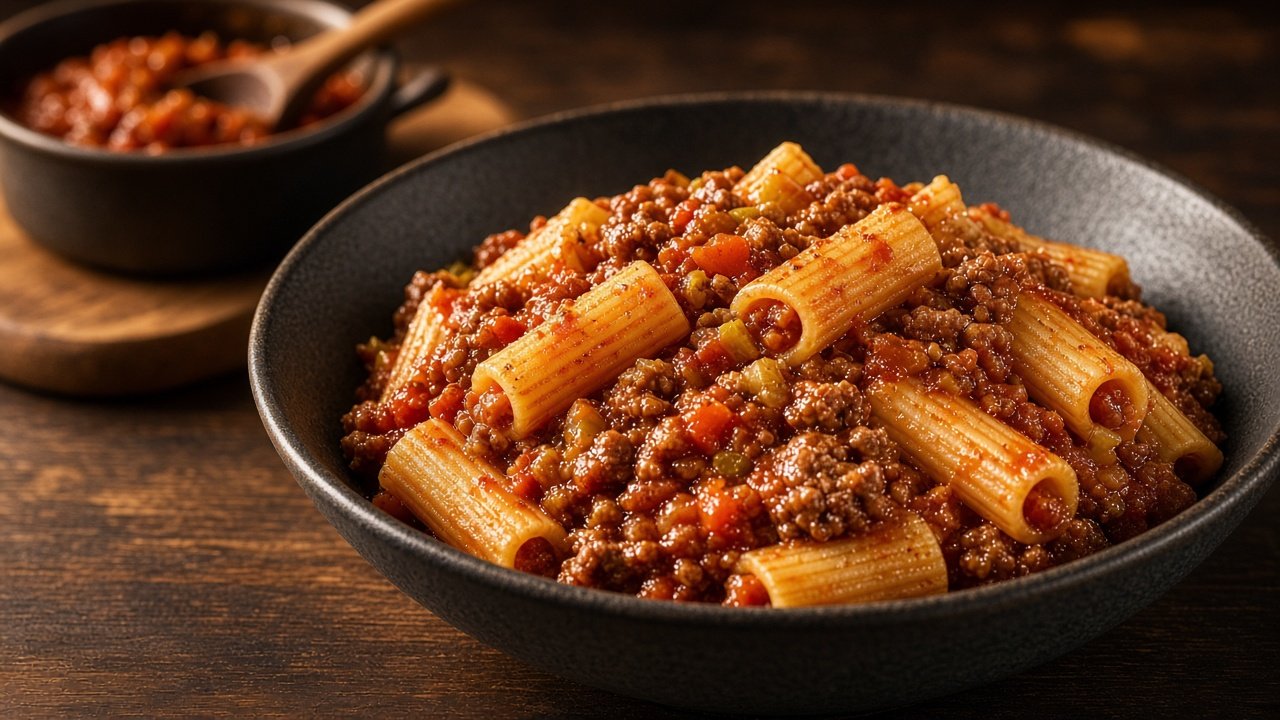 Rigatoni-style tubes in a deep dark plate, a few cut ends turned toward the camera so the ragù shows inside the ridges, with one or two basil leaves and no cheese.