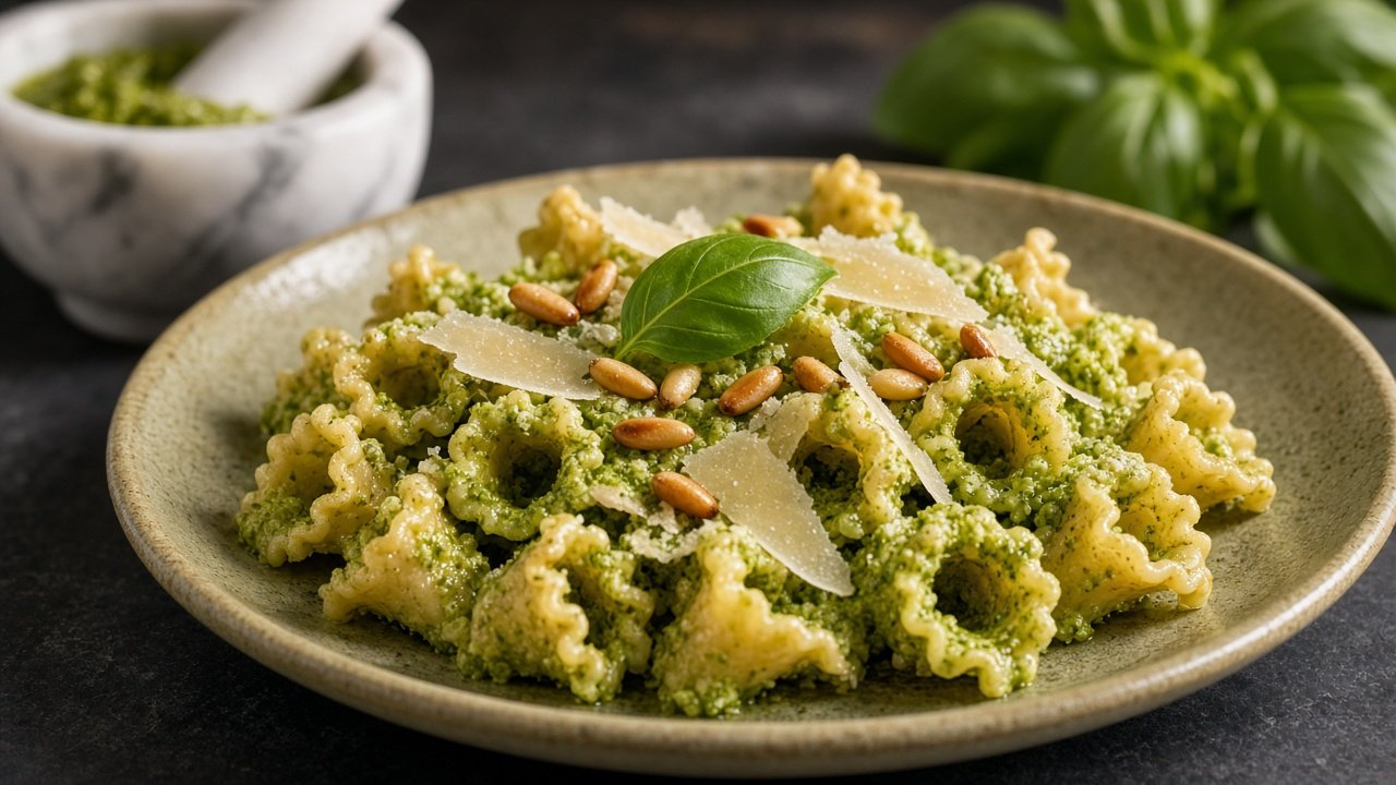 Bells coated in bright green pesto, in a shallow pale plate, with a few pine nuts, thin shavings of cheese and one basil leaf.