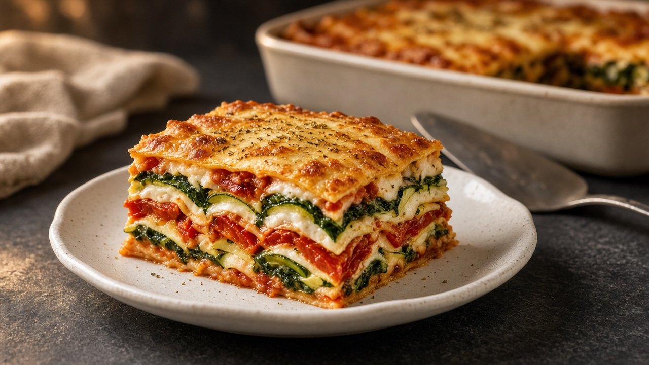 A square of lasagna on a white plate, the cut showing pale sheets, red sauce, spinach, zucchini and white béchamel, with a golden cheese crust and one basil leaf.
