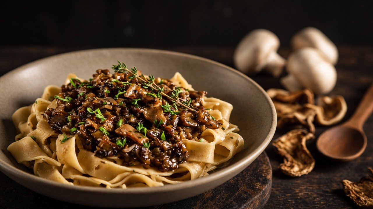Wide ribbons laid in waves in a shallow grey-beige bowl, with dark mushroom ragù in the folds, a sprig of thyme and chopped parsley.