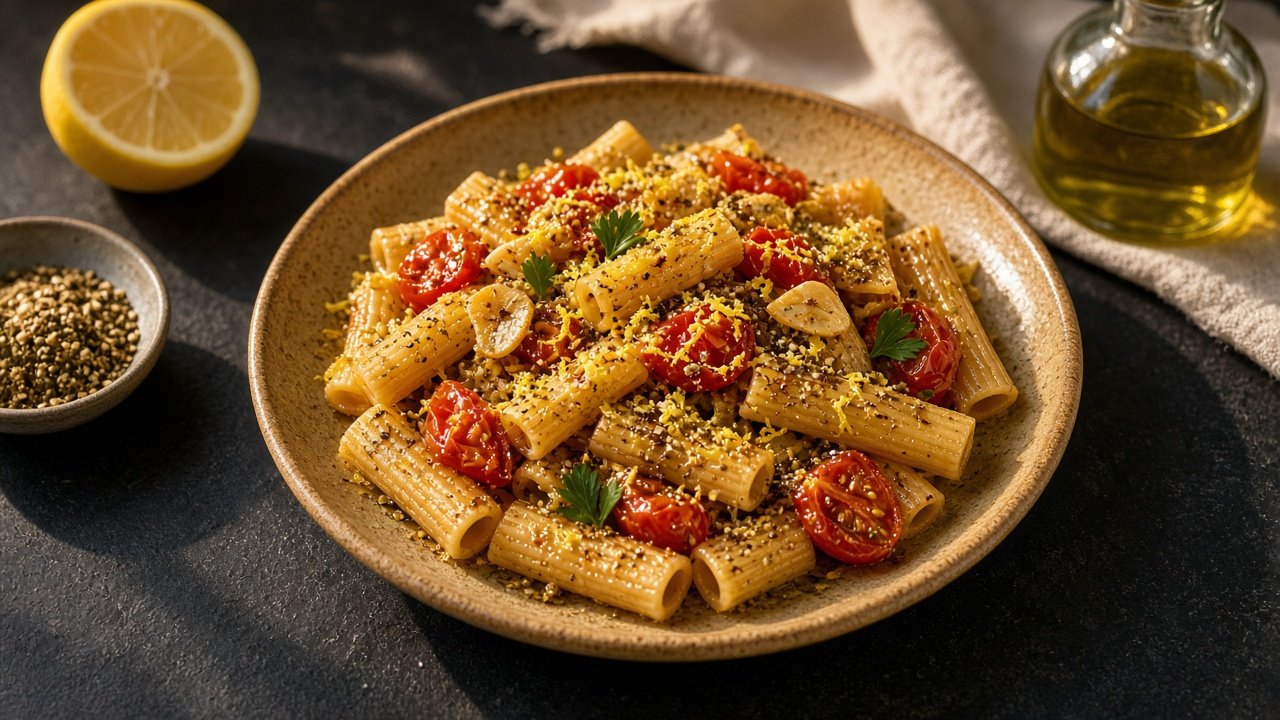 Pasta in a handmade ochre bowl with burst cherry tomatoes, green-brown zaatar, lemon zest and a few fresh leaves.