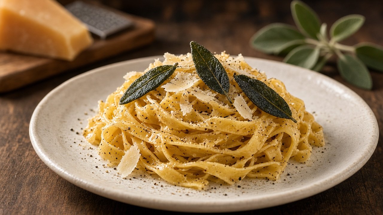 Tagliatelle twirled into a nest on a warm white plate, with three or four crisp sage leaves, a few shavings of cheese and black pepper, the ribbon shining with butter.
