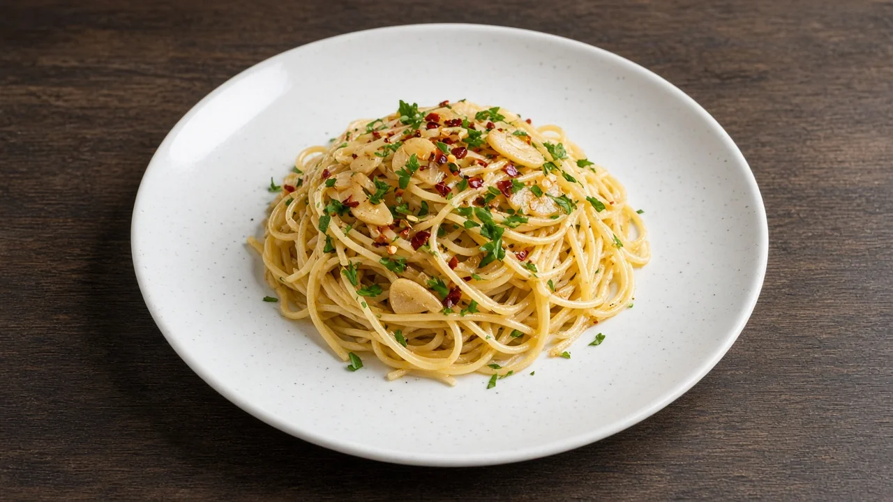 Spaghetti à l’huile d’olive, ail émincé, flocons de piment séché et persil haché