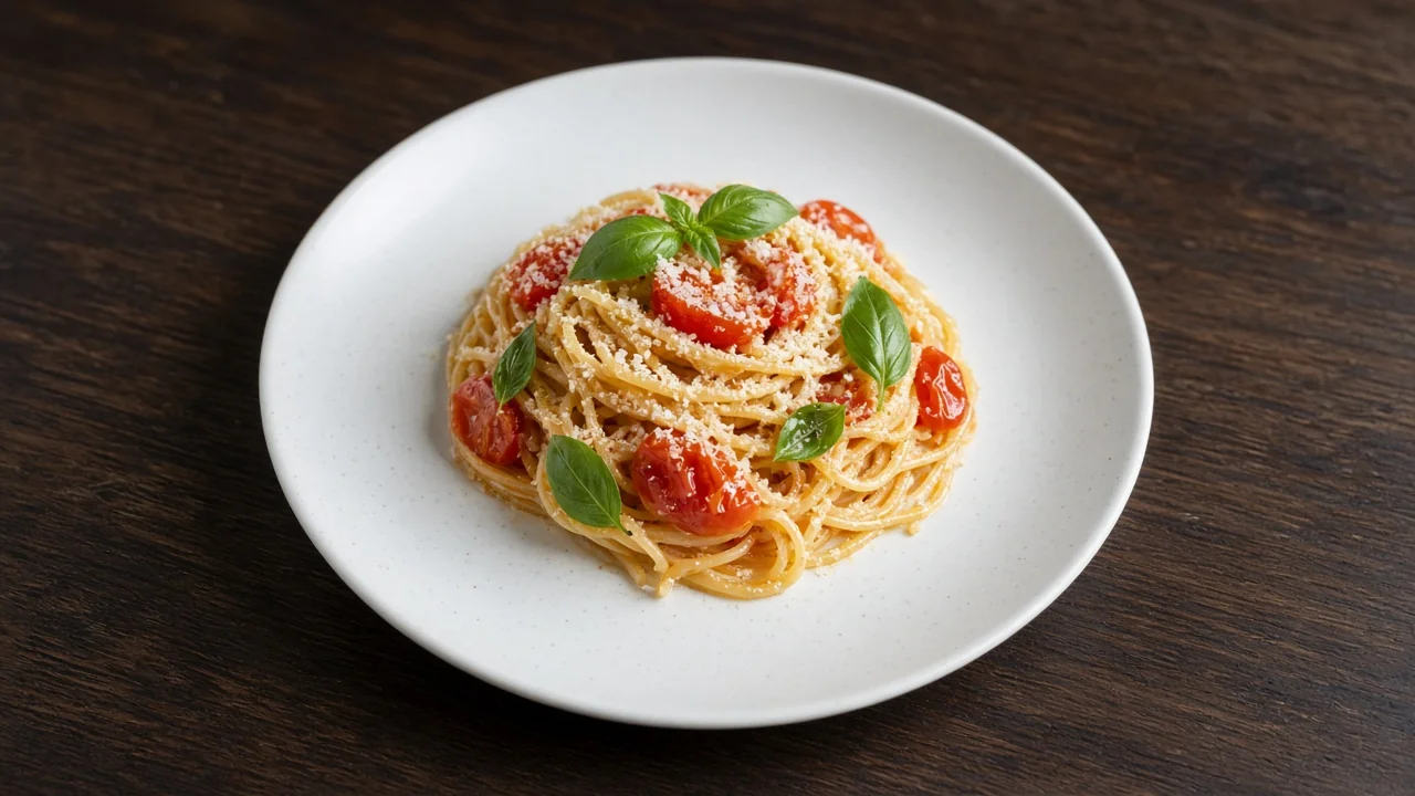 Spaghetti à la sauce de tomates cerises fraîches, basilic et parmesan râpé