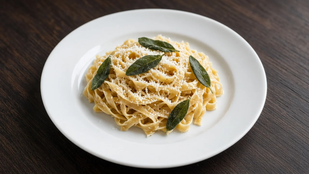 Tagliatelle au beurre noisette, feuilles de sauge croustillantes et parmesan râpé